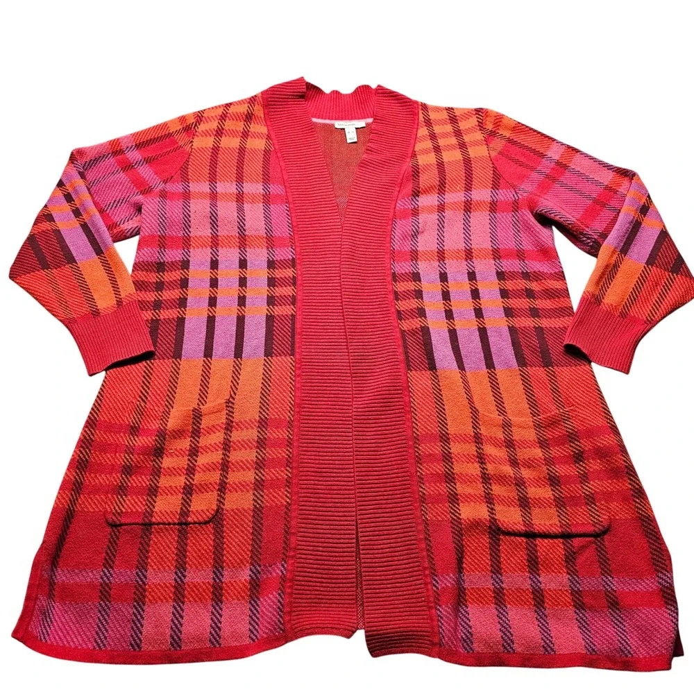 Isaac Mizrahi Live Plaid Open Front Cardigan Womens XL Red Pink Orange A369738